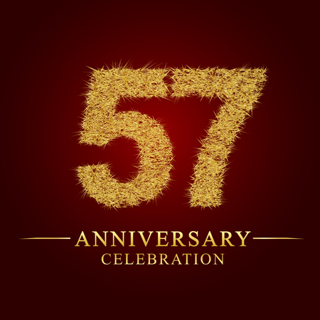 57 years anniversary celebration logotype. Logo gold pile of dry rice on red background. Number nest and fuzz gold foil.のイラスト素材
