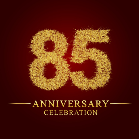 85 years anniversary celebration logotype. Logo gold pile of dry rice on red background. Number nest and fuzz gold foil.のイラスト素材