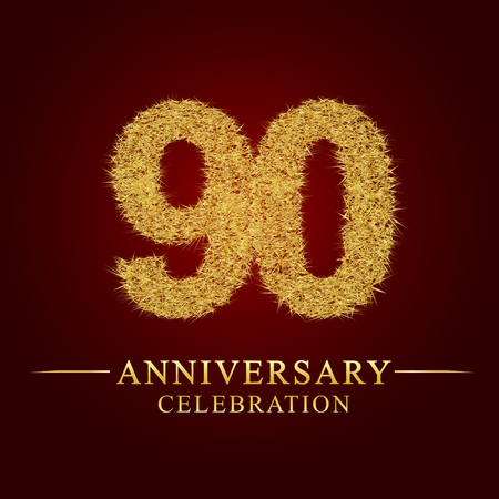 90 years anniversary celebration logotype. Logo gold pile of dry rice on red background. Number nest and fuzz gold foil.のイラスト素材
