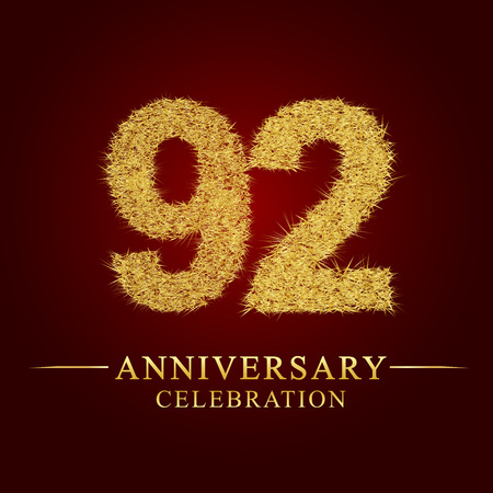 92 years anniversary celebration logotype. Logo gold pile of dry rice on red background. Number nest and fuzz gold foil.のイラスト素材