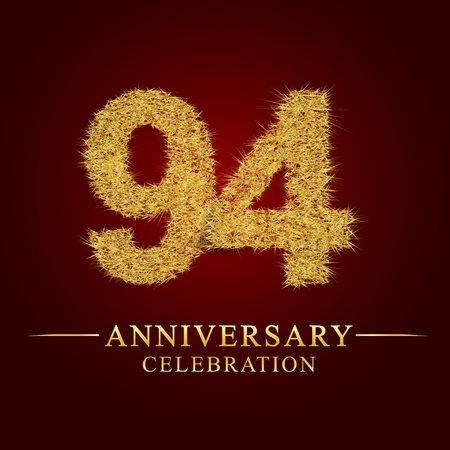 94 years anniversary celebration logotype. Logo gold pile of dry rice on red background. Number nest and fuzz gold foil.のイラスト素材