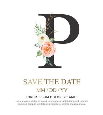 Alphabet P flower font made of paint floral and leaf watercolor on paper. Vector Hand Drawn letter P paint luxury design. Sweet collection for wedding invites decoration card and other concept ideas.のイラスト素材