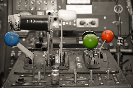 Gauges and sticks in a classic airplane cockpit