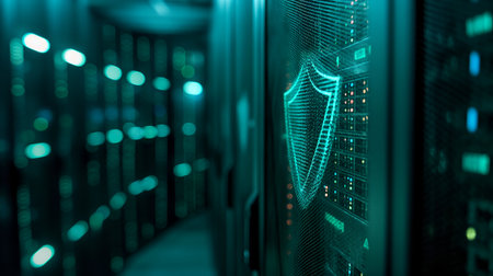 Data center with hard drives and shield. Data storage and hosting concept.の素材