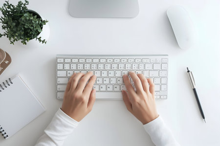 Top view of female hands typing on computer keyboard on white office desk backgroundの素材