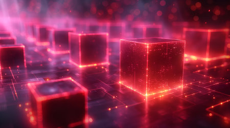 abstract 3d illustration of glowing cubes in dark space with red lightの素材