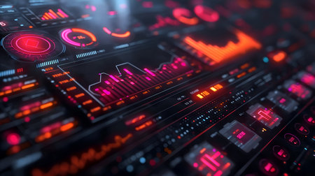 Futuristic interface with glowing charts and diagrams. 3d renderingの素材