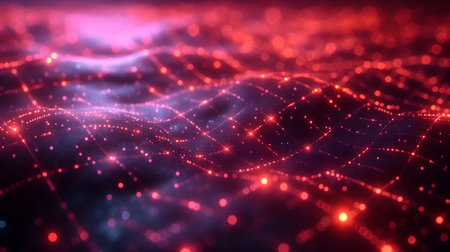 3D rendering of abstract digital landscape with glowing particles. Futuristic shape with connecting dots and lines. Connection structure. Big data visualization.の素材