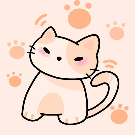 Cute cartoon cat sitting on a pink background. Vector illustration.の写真素材
