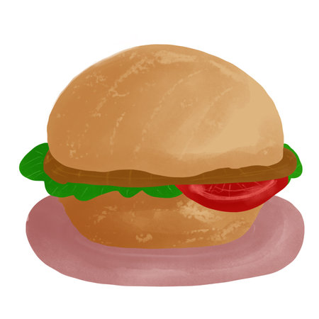 Illustration of a hamburger with lettuce and tomato on a white backgroundの写真素材