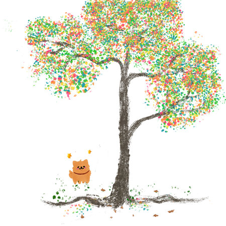 Autumn tree with cute owl on white background. Vector illustration.の写真素材