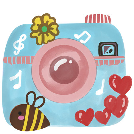 Illustration of a cute photo camera with hearts and flowers on a white backgroundの写真素材