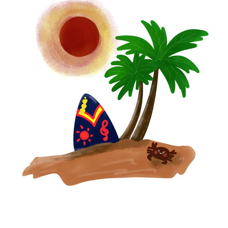 Illustration of an island with a palm tree and a surfboardの写真素材