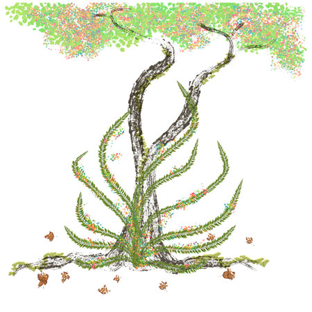 Illustration of a tree with leaves and flowers on white background.の写真素材