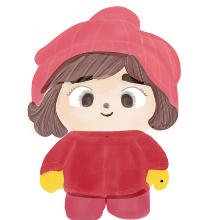 Illustration of a Little Girl Wearing a Red Beanie and Hatの写真素材