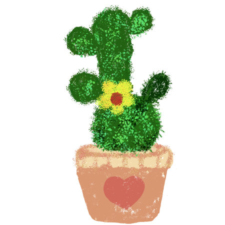 Cactus in a pot with a flower and heart on a white backgroundの写真素材