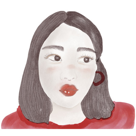 Watercolor illustration of a girl with long hair and red lips.の写真素材