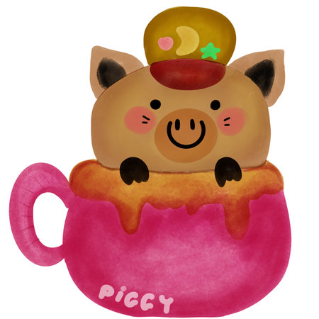 Cute cartoon pig in a cup of coffee. Vector illustration.の写真素材