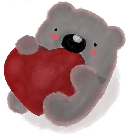Cute teddy bear holding a red heart on a white backgroundの写真素材