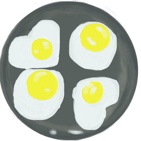 Fried eggs on a plate isolated on white background. Top view.の写真素材