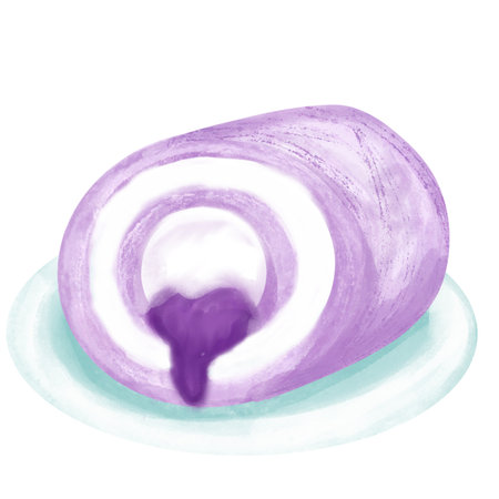 Sweet roll cake isolated on white blueberry jam background. Watercolor hand drawn illustrationの写真素材