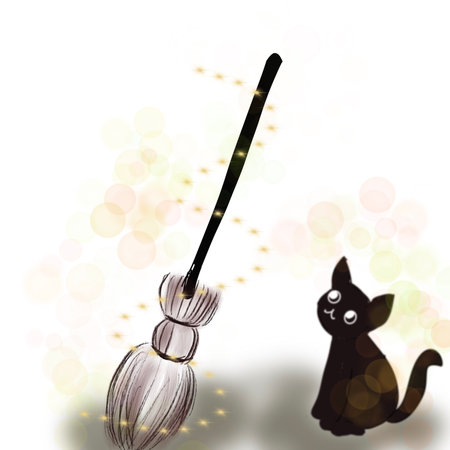 Halloween background with witch's broom and black cat, vector illustrationの写真素材