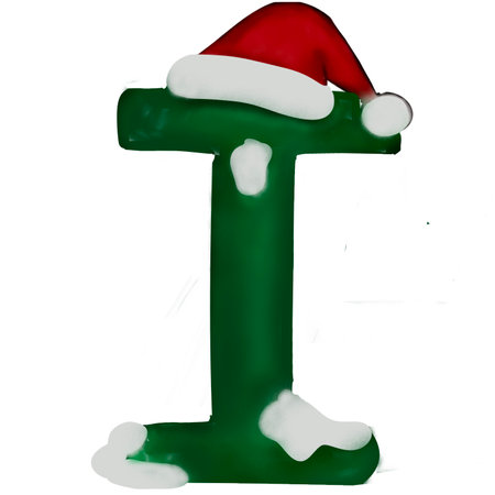 Green Letter I with a red santa hat isolated on white backgroundの写真素材