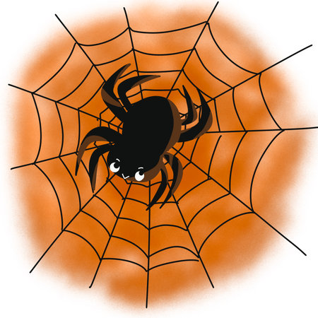 Halloween Spider on a spider web in orange and black colors. Illustration.の写真素材