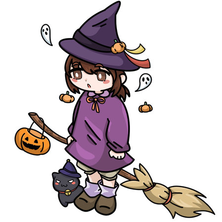 Illustration of a Cute Halloween Witch with a Broomstickの写真素材