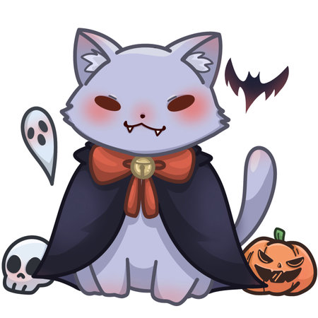 Cute cartoon cat dressed as vampire for Halloween. Vector illustration.の写真素材