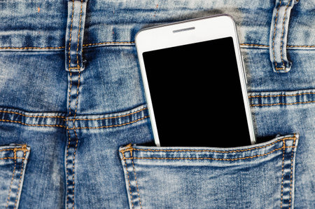 Close Up Bussines Fashion Stylish Smart Phone Screen Copy Space Pocket Denim Hipsterの写真素材