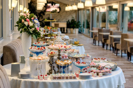 Delicious wedding reception candy bar dessert table full with cakes and sweets and a flower vase with hydrangeas on the background of an exquisite restaurant.の写真素材