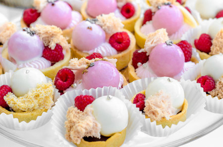 Candy Bar. Sweet round candy in pink and white glaze with raspberries on tartlets. Happy luxury birthday and wedding concept. Party sweets.の写真素材