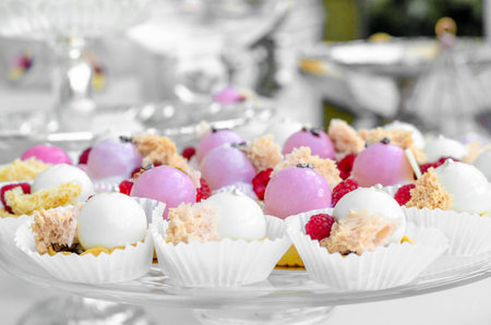 Candy Bar. Sweet round candy in pink and white glaze with raspberries on tartlets. Happy luxury birthday and wedding concept. Party sweets.の写真素材