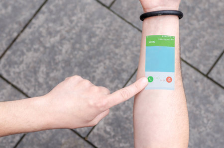 Wearable Projection Bracelet Smartphone Mobile Phone on Man Hand Invisible Tech technology...