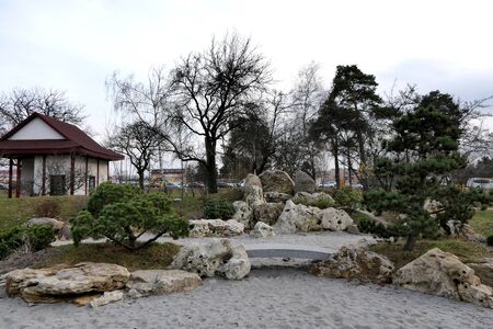 Park landscape made of natural stones and plants.の写真素材