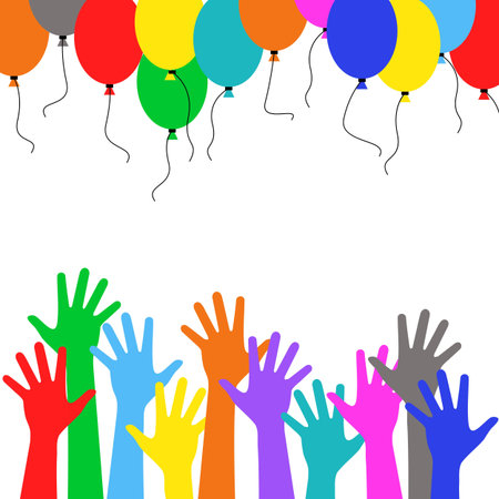 Holiday decoration - multicolor hand people who run multicolored balloonsのイラスト素材