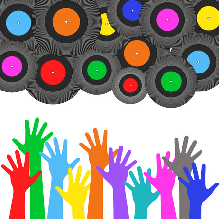 Vinyl record and multicolored hands crowdsのイラスト素材