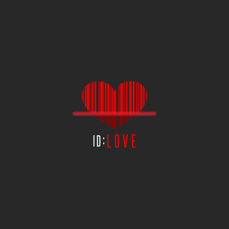 Red heart shape barcode scanner, creative Valentine is Day greeting card mockup, romantic love logo holiday party poster template on dark backgroundのイラスト素材