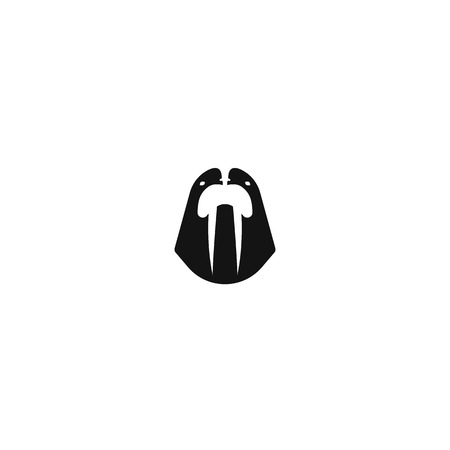 Sea walrus logo mockup, marine mammal head with tusks front view mascot, animal emblem, white and black logotype layout style negative spaceのイラスト素材