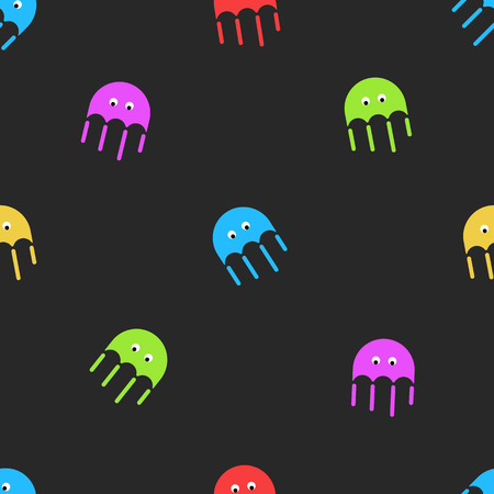 Jellyfish seamless pattern cute random colorful cartoon medusa sea fauna on the dark background. Childish decorative graphic design element for printing on fabric.のイラスト素材