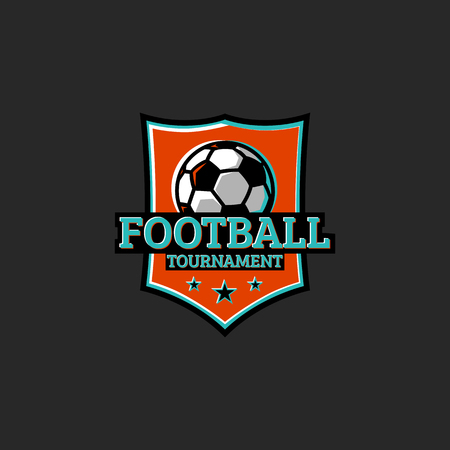 Football tournament, club or league sticker sport logo. T-shirt print club emblem typography design element. Soccer ball on the shield blue and orange colors on dark background.のイラスト素材