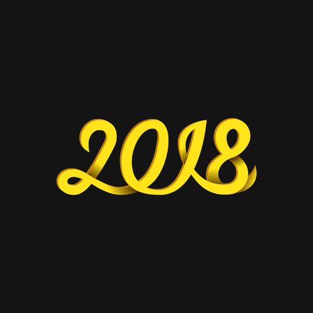 New Year 2018 number monoline handwritten calligraphic lettering on black background. Mockup greeting card yellow design element template for winter holidays.のイラスト素材