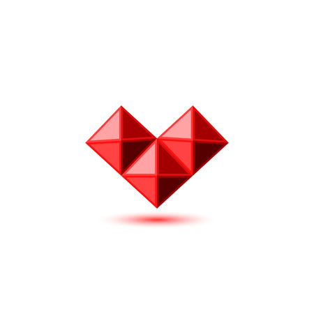 Crystal red ruby heart logo in gemstone faceted style. 3d geometric three pyramid shape with shadow. Design element template valentines day love symbol, wedding card emblem.のイラスト素材