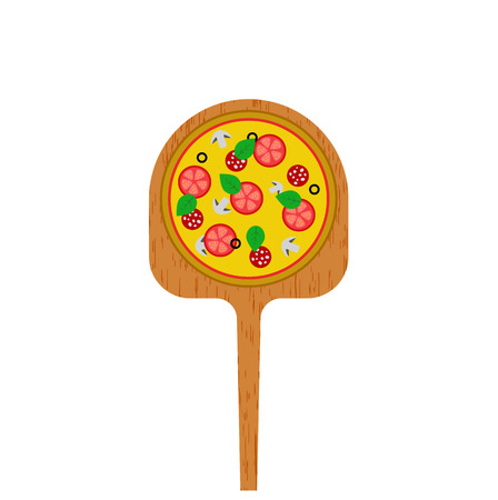 Pizza on a wooden shovel for a stove, traditional Italian recipe for pizzeria. Fast-food banner blank mockup on the white background.のイラスト素材