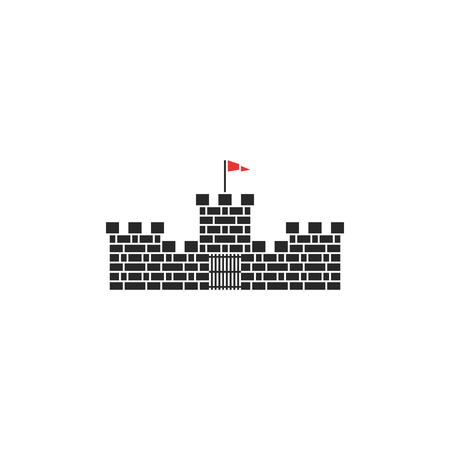 Castle logo medieval tower stone building with red flag and gate on white backgroundのイラスト素材