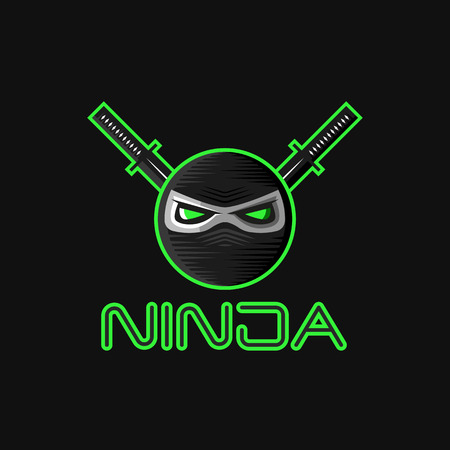 Ninja superhero mask logo for a sports team mascot, Japanese character warrior head with big green evil eyes and two katana swordsのイラスト素材
