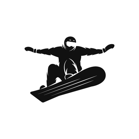 Silhouette of a snowboarder on the snowboard free rider jumping in the air, extreme snowboarding sport logo mockupのイラスト素材
