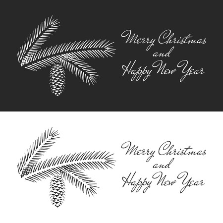 A branch of spruce with a cone in a minimalist style, a set of simple black and white greeting cards with Christmas and New Year in vintage style.のイラスト素材