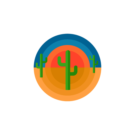 Cactus desert and sun round emblem t-shirt print or sticker design typography vector illustration. Arizona state or Mexican landscape stylized icon.のイラスト素材